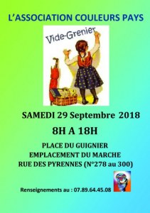 Vide grenier organisé par l'association Couleurs pays samedi 29 Septembre 2018