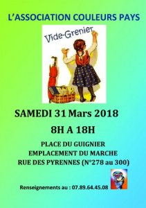 Vide grenier organisé par « Couleurs pays », samedi 31 mars 2018 Paris 20