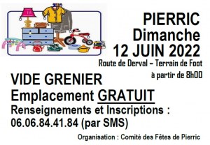 VIDE GRENIER – 44290 PIERRIC DIMANCHE 12 JUIN 2022