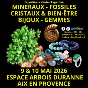 Salon Minéraux Fossiles Cristaux & Bien-Être Bijoux et Gemmes d'Aix en Provence + Expos...